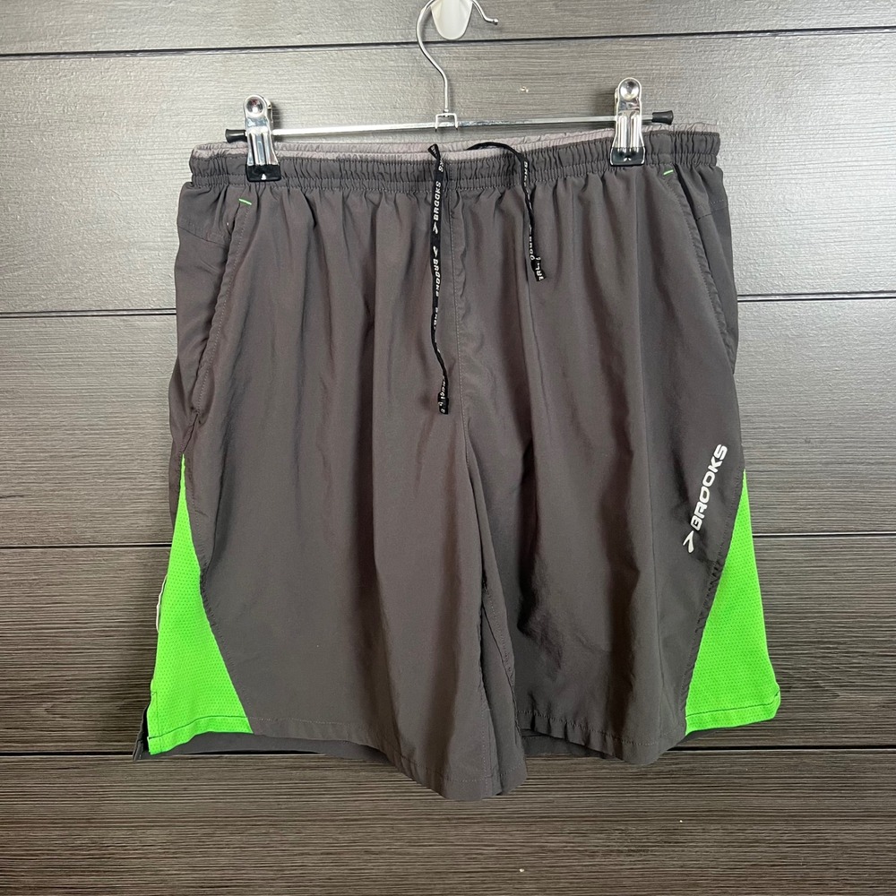 Brooks Men's Running Shorts Lined Back Zip Pocket Size M Gray Green